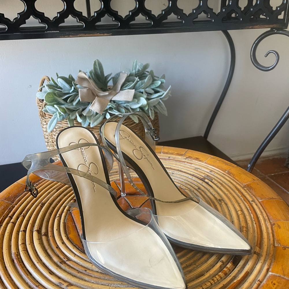 Jessica Simpson Clear Pointed Slingback Heels with Black Trim - Picture 2 of 3